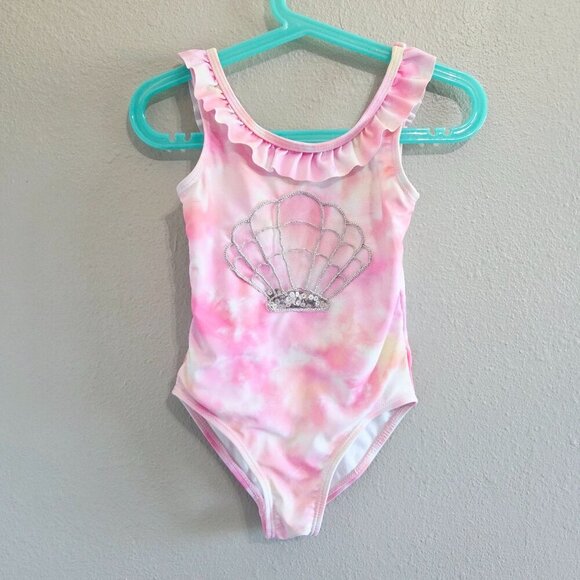 Pink Tie Dye One Piece Swimsuit With Seashell & Sequins Girl Size Small 5 - Picture 1 of 6